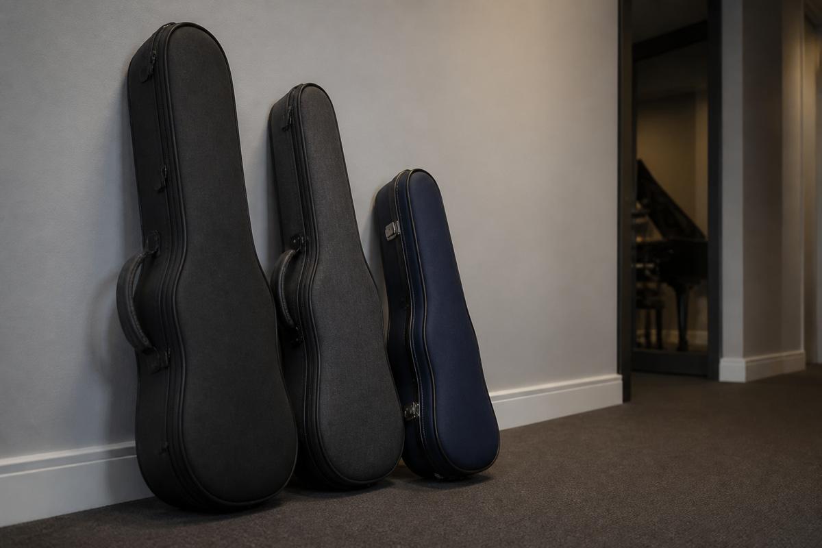 String instrument cases in a quiet studio hallway