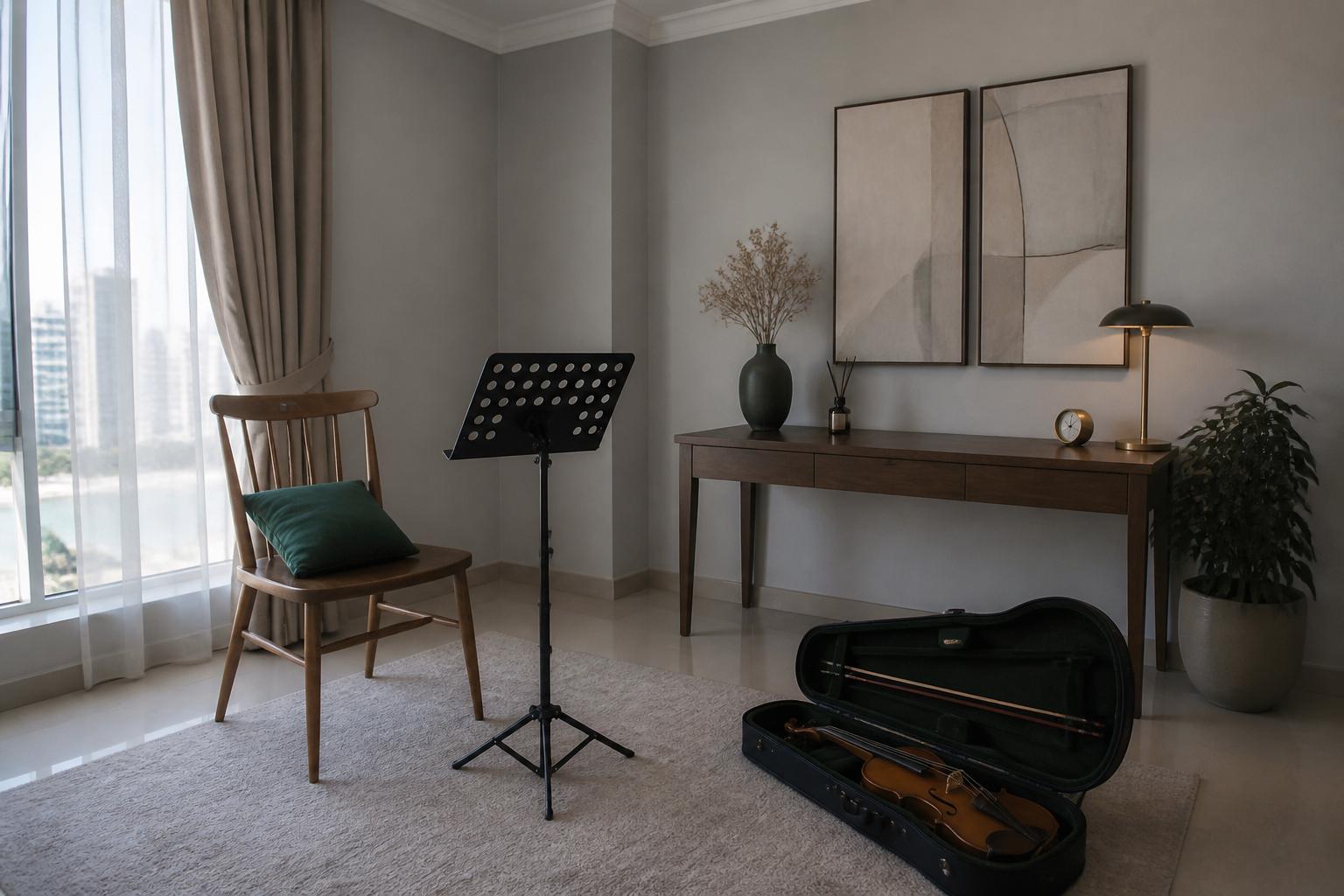 Quiet lesson room with music stand and evening light