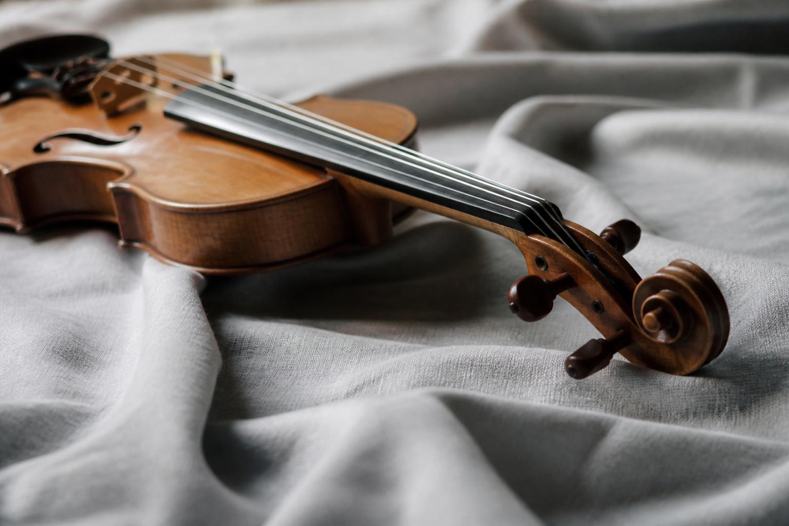 Violin scroll resting on soft linen