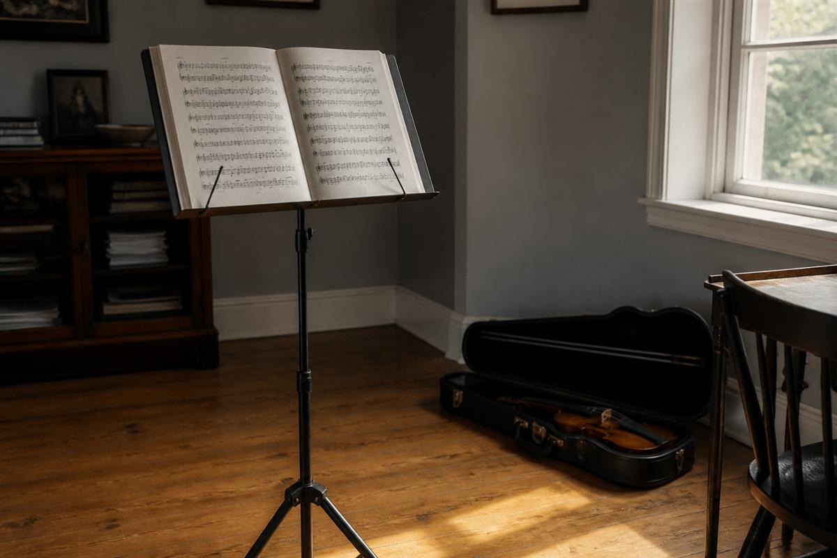 Music stand with open score beside an instrument case